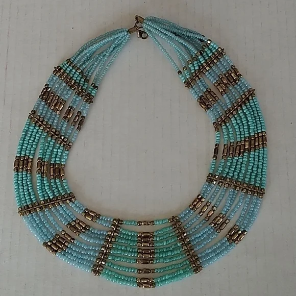 Nine Strand Beaded Necklace Blue/Green/Bronze with 2' Extension - Picture 5 of 7